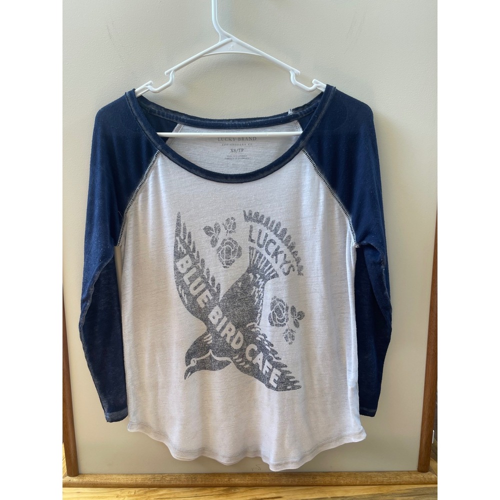 Lucky Brand Blue Bird Cafe Raglan Graphic Tee Navy White XS Long Sleeve